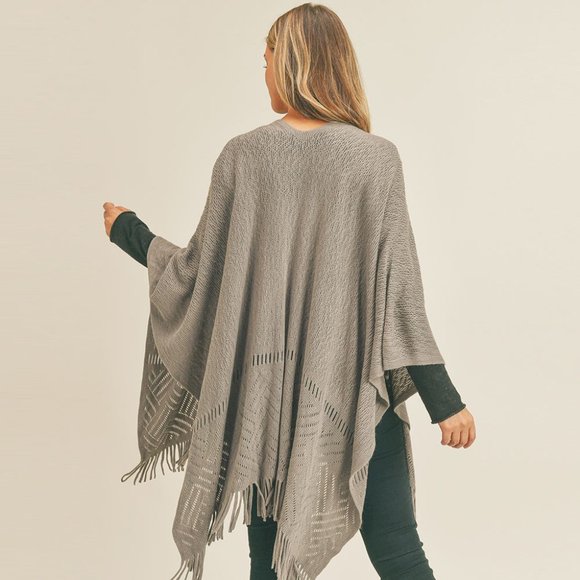 Herringbone Knit Fringe Ruana Poncho - Picture 2 of 2